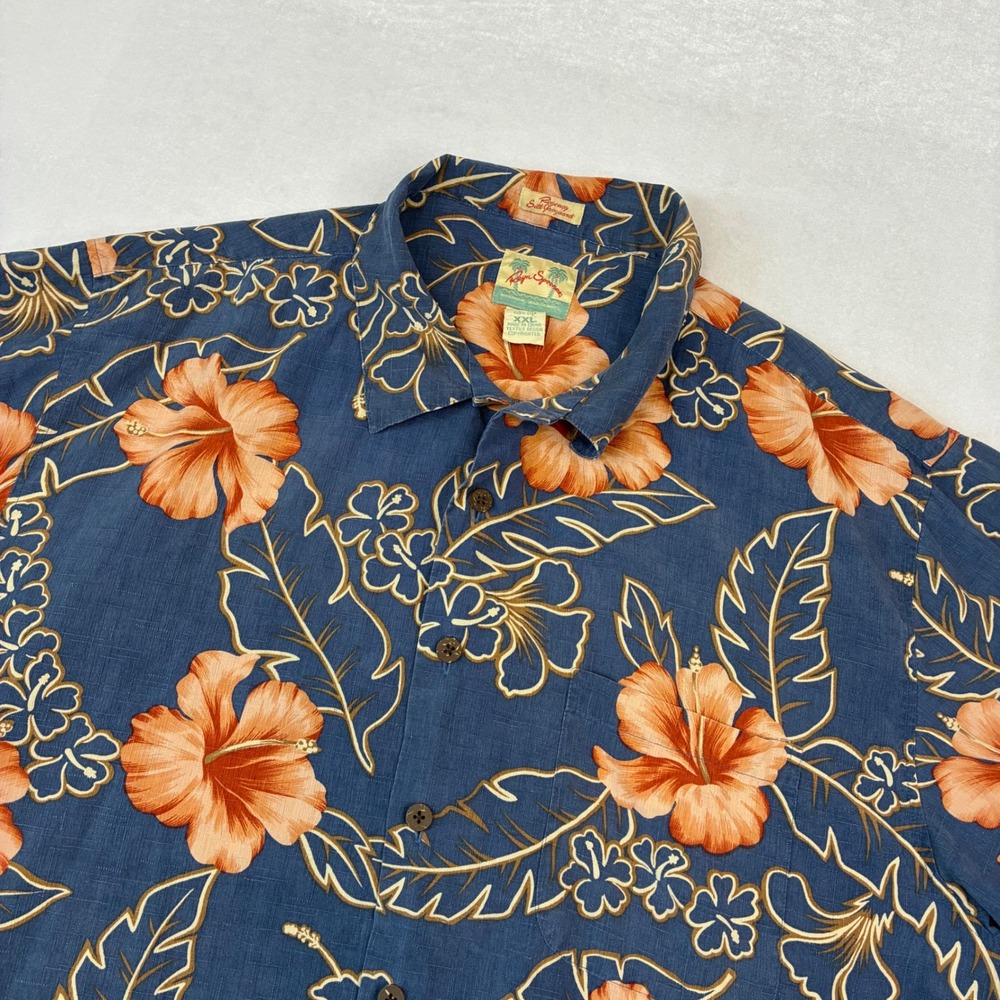 Reyn Spooner Shirt Mens XXL Blue Orange Silk Regency Jacquard Hibiscus Hawaiian
